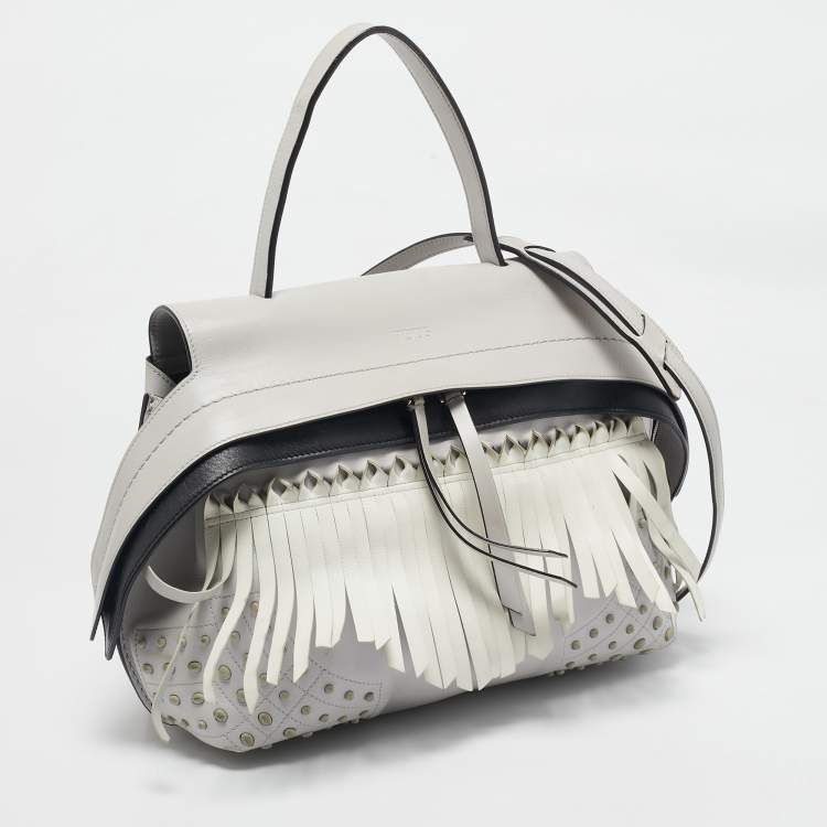 Pre Owned Tod's Light Grey/White Leather Origami Fringed Top Handle Bag