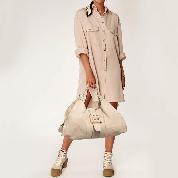 Pre Owned Tod's Beige Shimmer Nubuck Leather Studded Lock Flap Shoulder Bag