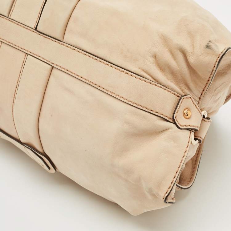 Pre Owned Tod's Beige Shimmer Nubuck Leather Studded Lock Flap Shoulder Bag