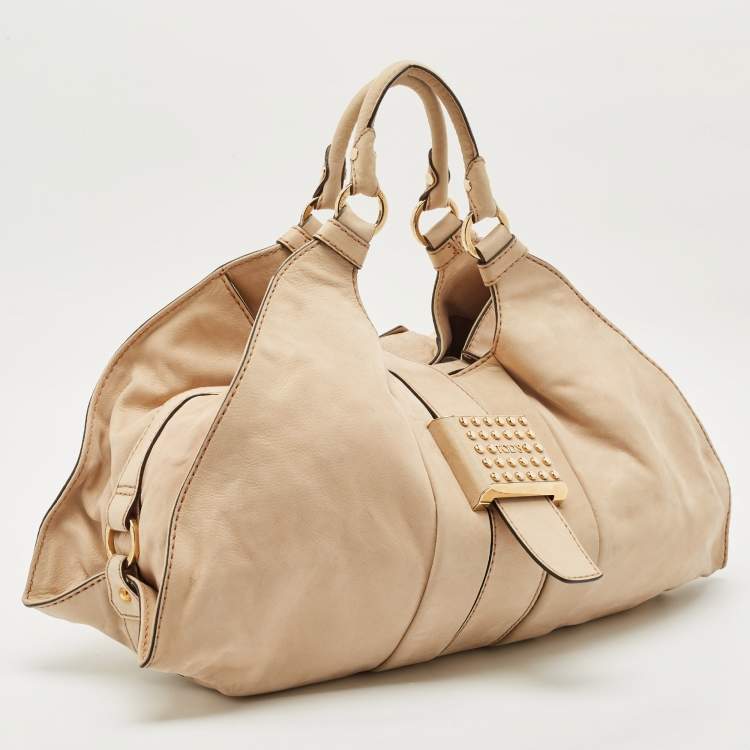 Pre Owned Tod's Beige Shimmer Nubuck Leather Studded Lock Flap Shoulder Bag