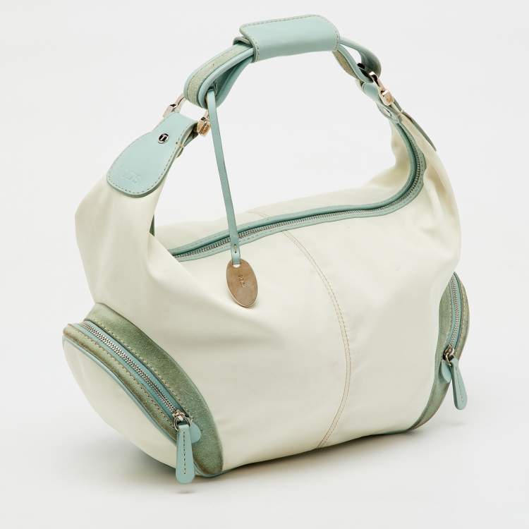 Pre Owned Tod's Off White/Green Nylon,Suede and Leather Charlotte Hobo