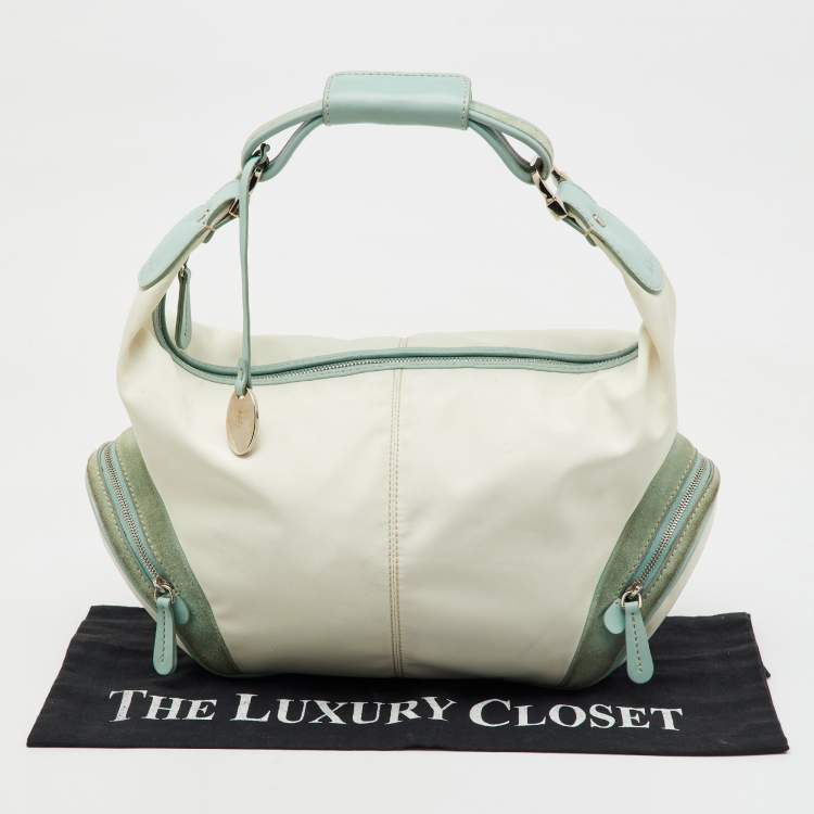 Pre Owned Tod's Off White/Green Nylon,Suede and Leather Charlotte Hobo