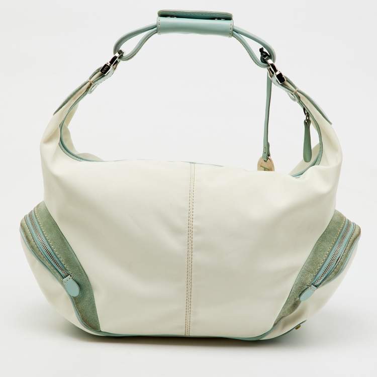 Pre Owned Tod's Off White/Green Nylon,Suede and Leather Charlotte Hobo