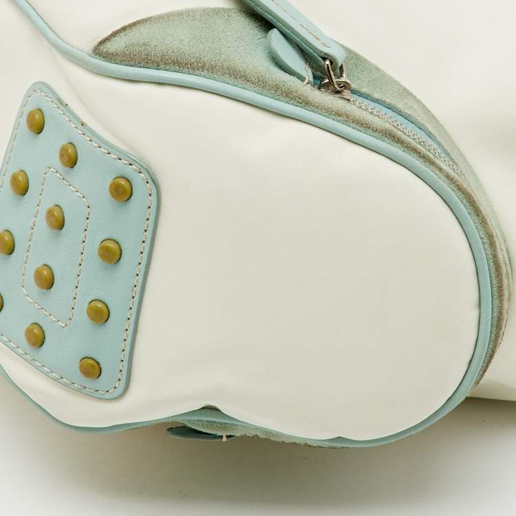 Pre Owned Tod's Off White/Green Nylon,Suede and Leather Charlotte Hobo