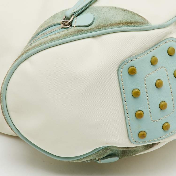 Pre Owned Tod's Off White/Green Nylon,Suede and Leather Charlotte Hobo