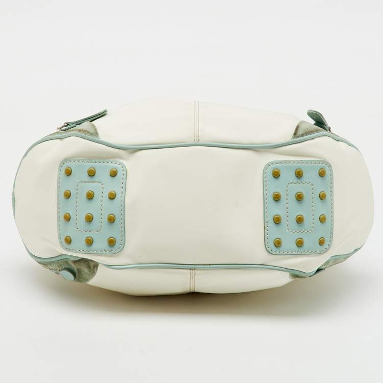 Pre Owned Tod's Off White/Green Nylon,Suede and Leather Charlotte Hobo