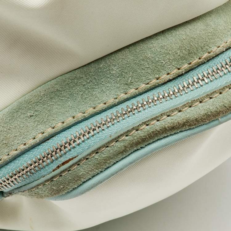 Pre Owned Tod's Off White/Green Nylon,Suede and Leather Charlotte Hobo