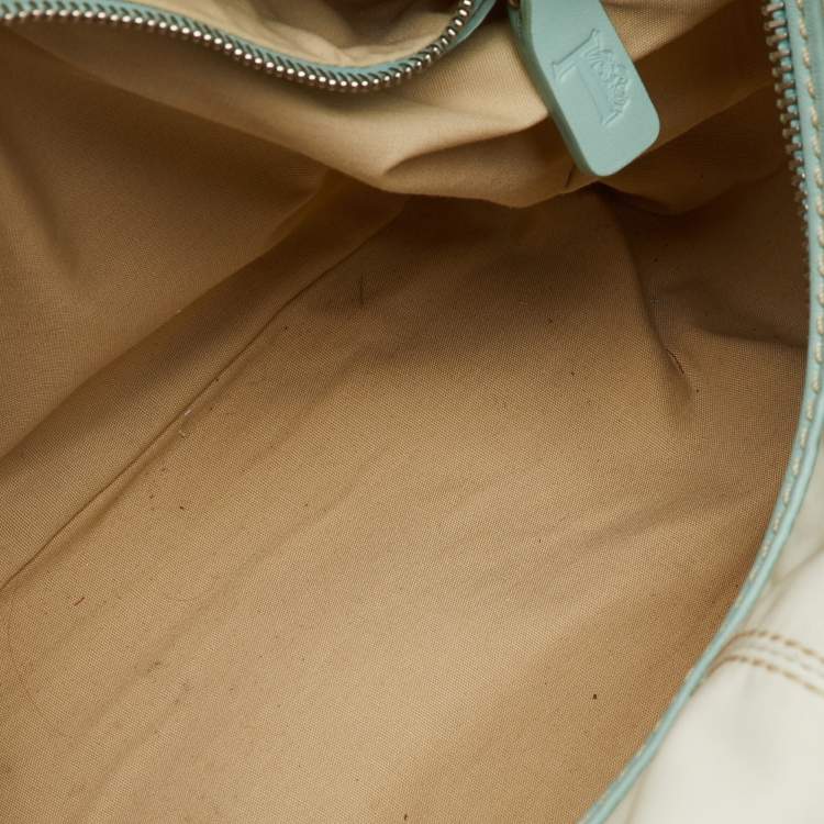 Pre Owned Tod's Off White/Green Nylon,Suede and Leather Charlotte Hobo