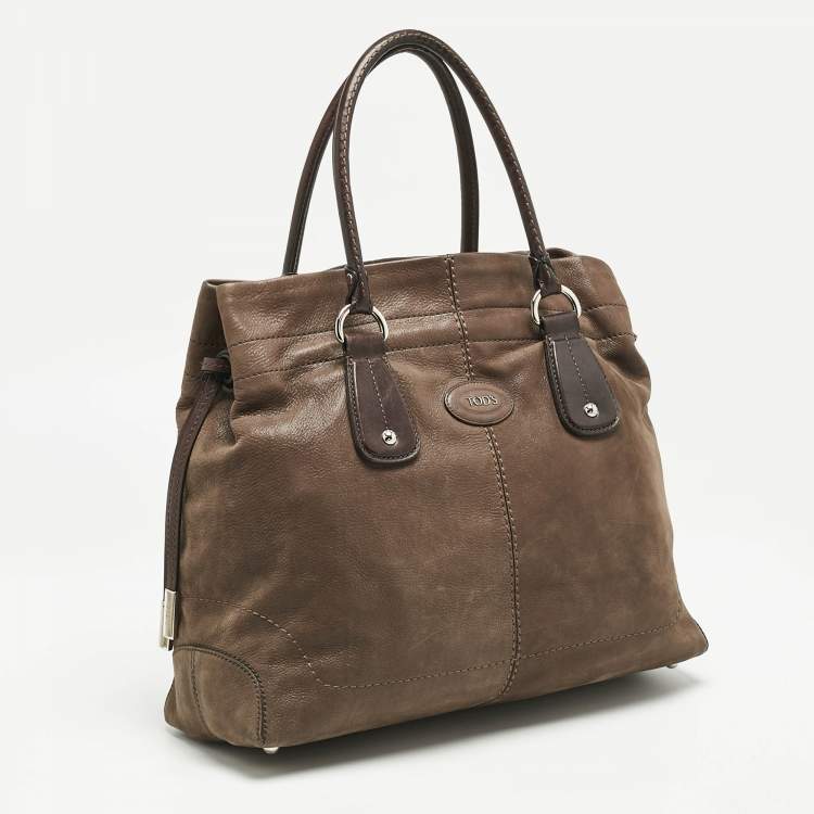 Pre Owned Tod's Dark Brown Iridescent Leather Drawstring Tote