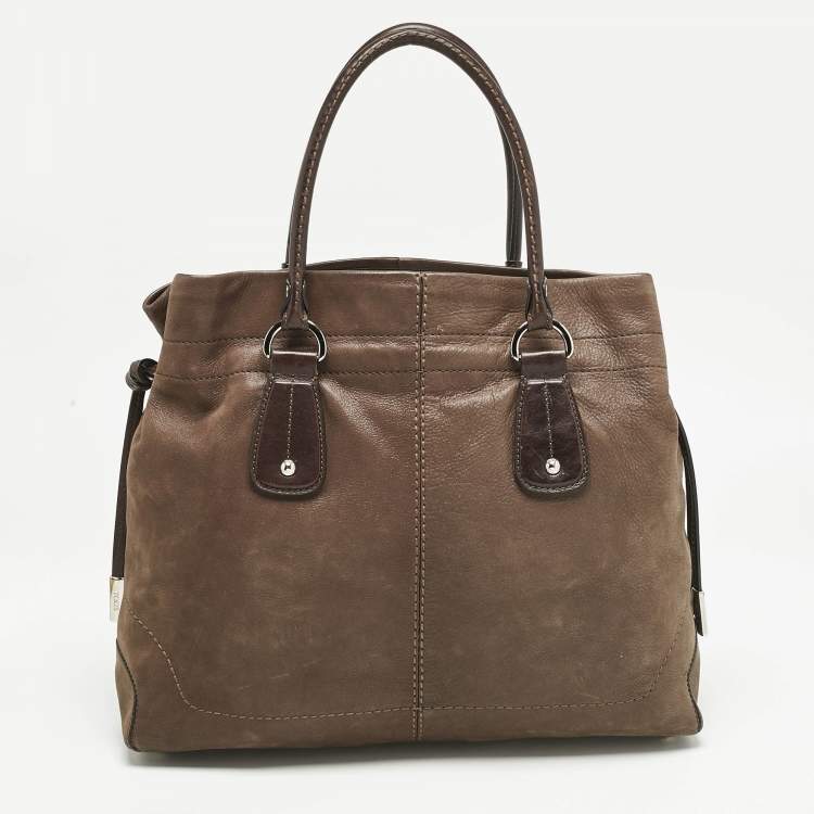 Pre Owned Tod's Dark Brown Iridescent Leather Drawstring Tote