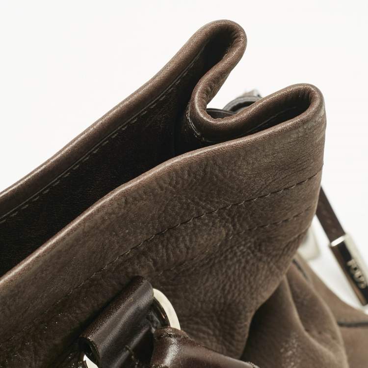 Pre Owned Tod's Dark Brown Iridescent Leather Drawstring Tote