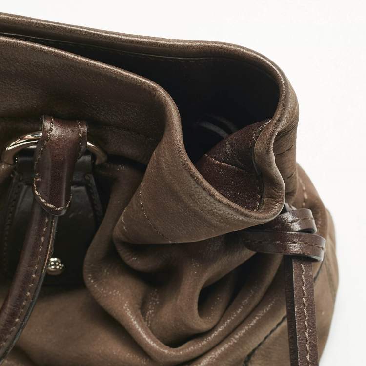 Pre Owned Tod's Dark Brown Iridescent Leather Drawstring Tote