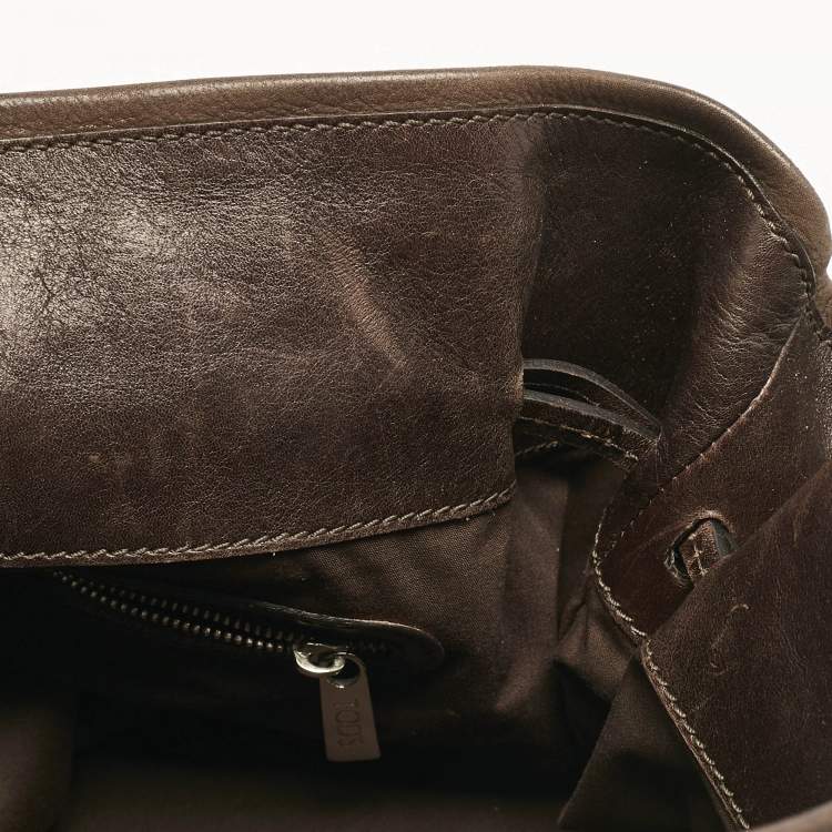 Pre Owned Tod's Dark Brown Iridescent Leather Drawstring Tote