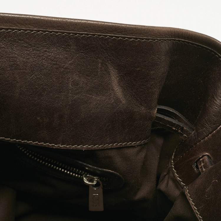 Pre Owned Tod's Dark Brown Iridescent Leather Drawstring Tote