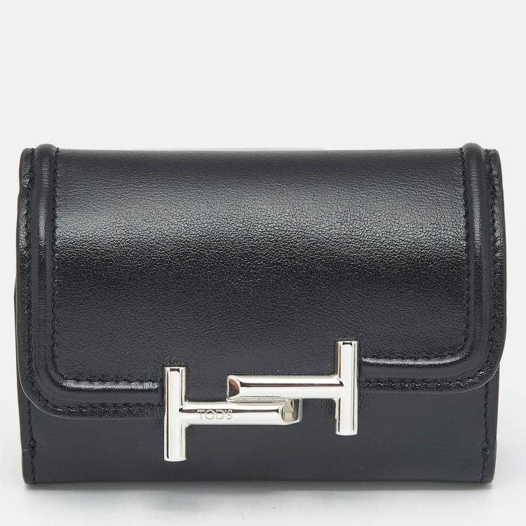 Pre Owned Tod's Black Leather Double T Trifold Wallet