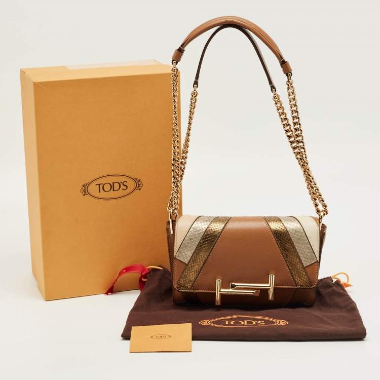 Pre Owned Tod's Brown/Multicolor Leather and Python Mini Double T Shoulder Bag