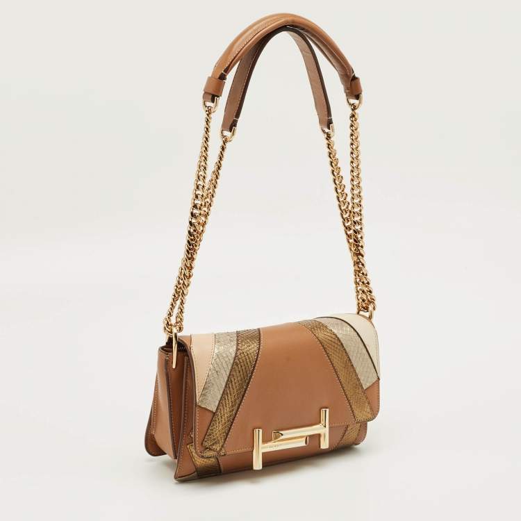 Pre Owned Tod's Brown/Multicolor Leather and Python Mini Double T Shoulder Bag