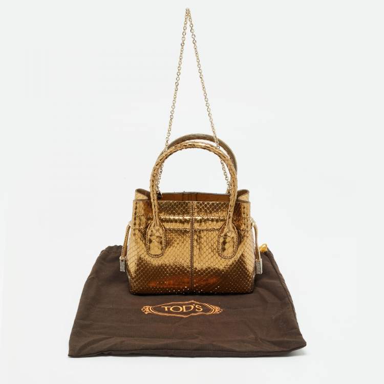 Pre Owned Tod's Gold Snakeskin Mini Crystal Embellished Drawstring Tote