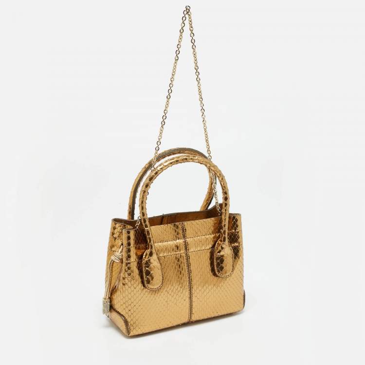 Pre Owned Tod's Gold Snakeskin Mini Crystal Embellished Drawstring Tote