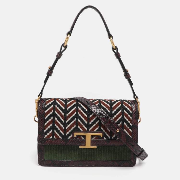 Pre Owned Tod's T Timeless Multicolor Fabric, Python Embossed Leather and Sequins Shoulder Bag