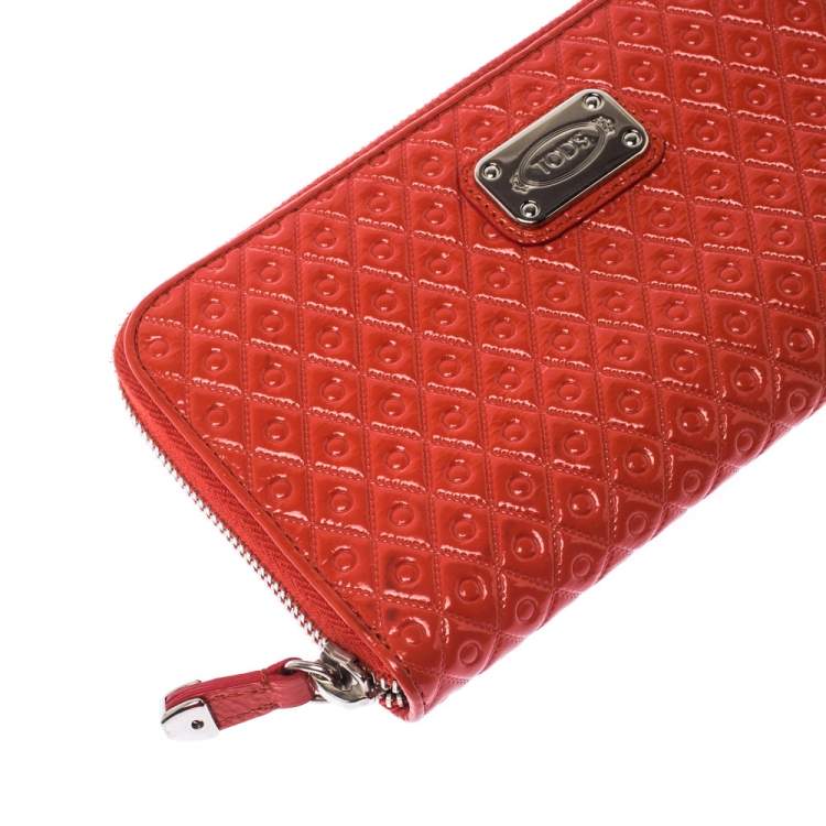 Pre Owned Tod's Coral Orange Signature Patent Leather Zip Around Wallet
