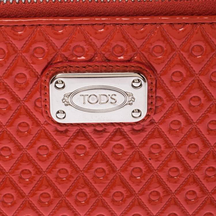 Pre Owned Tod's Coral Orange Signature Patent Leather Zip Around Wallet