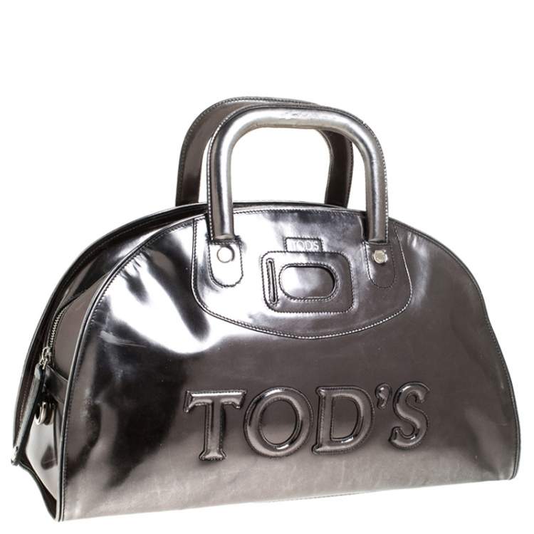 Pre Owned Tod's Metallic Silver Patent Leather Satchel 