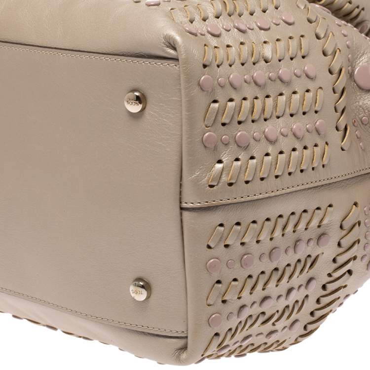 Pre Owned Tod's Metallic Beige Leather Small Studded Flower Tote