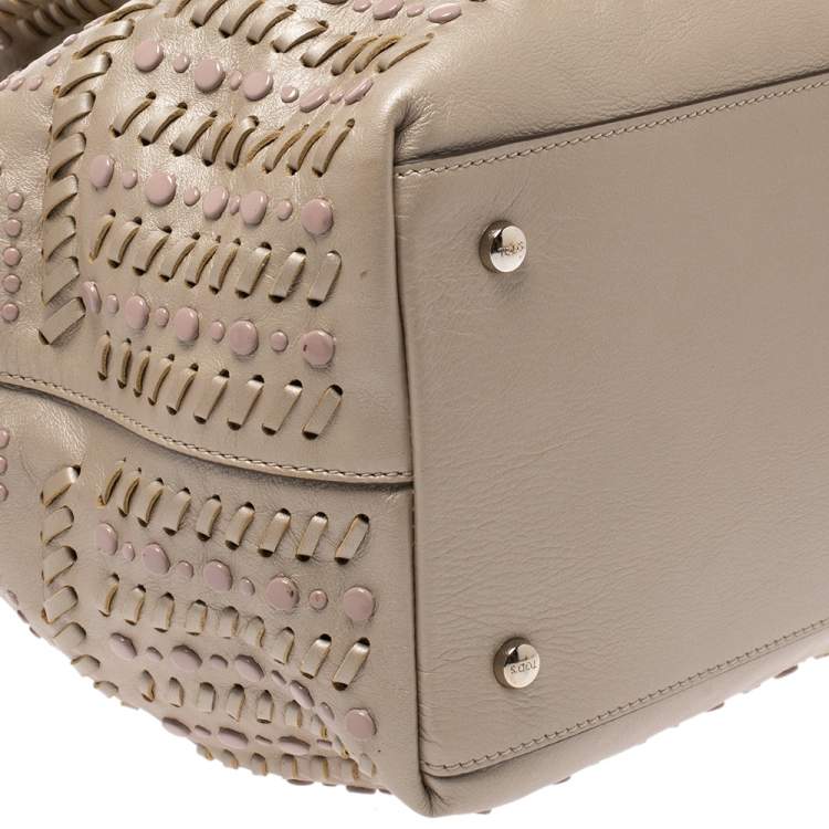Pre Owned Tod's Metallic Beige Leather Small Studded Flower Tote