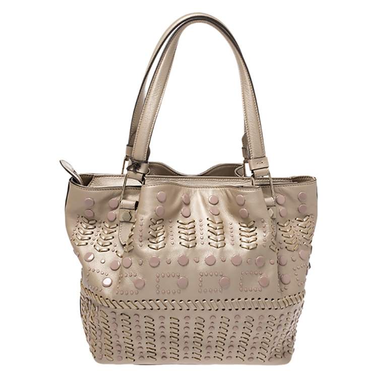 Pre Owned Tod's Metallic Beige Leather Small Studded Flower Tote