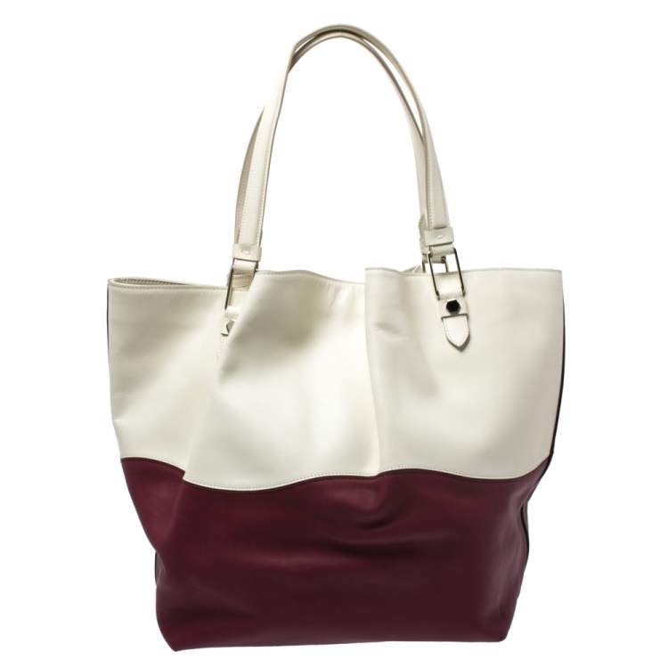 Pre Owned Tod's Cream/Burgundy Leather Medium Flower Tote