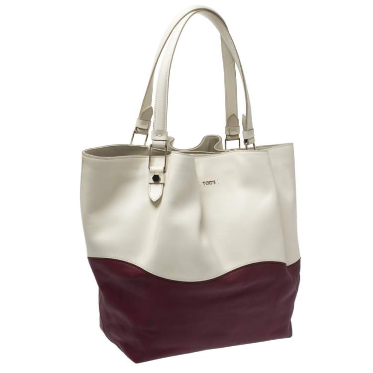 Pre Owned Tod's Cream/Burgundy Leather Medium Flower Tote