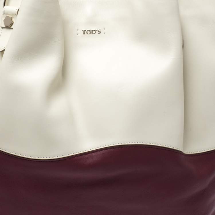 Pre Owned Tod's Cream/Burgundy Leather Medium Flower Tote