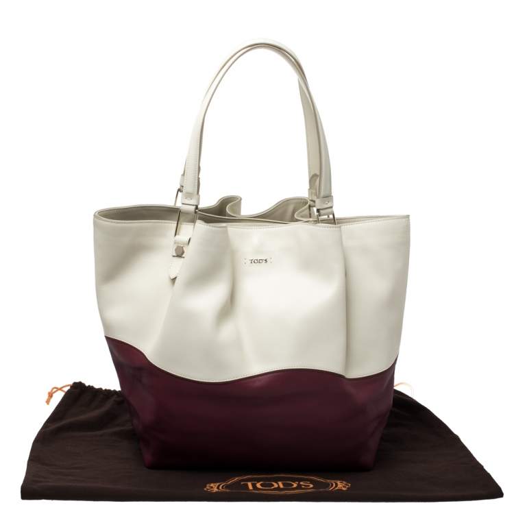 Pre Owned Tod's Cream/Burgundy Leather Medium Flower Tote