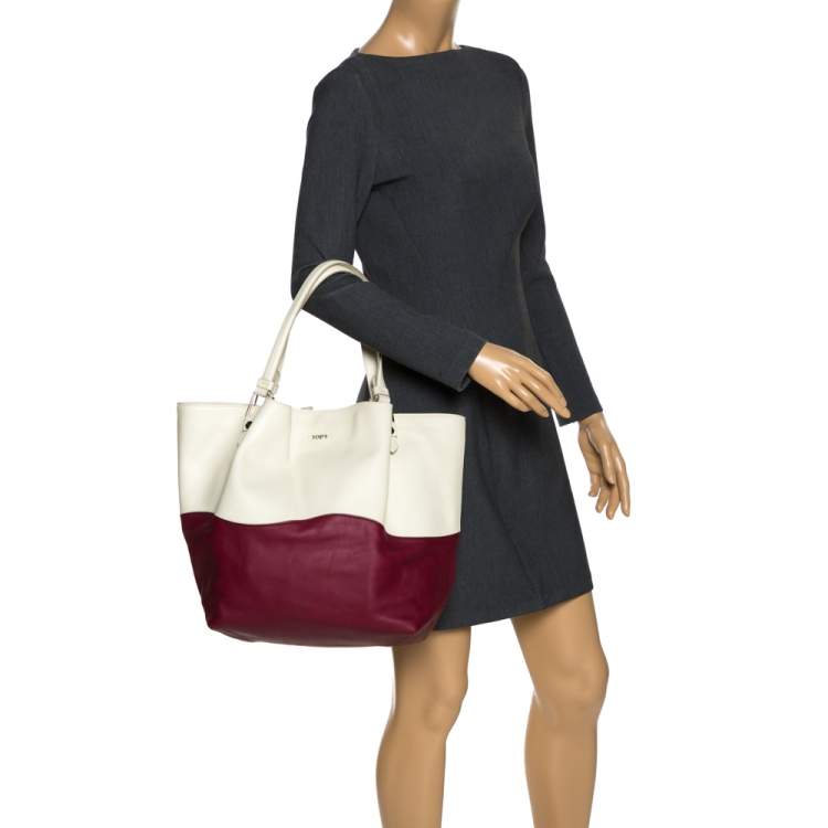 Pre Owned Tod's Cream/Burgundy Leather Medium Flower Tote