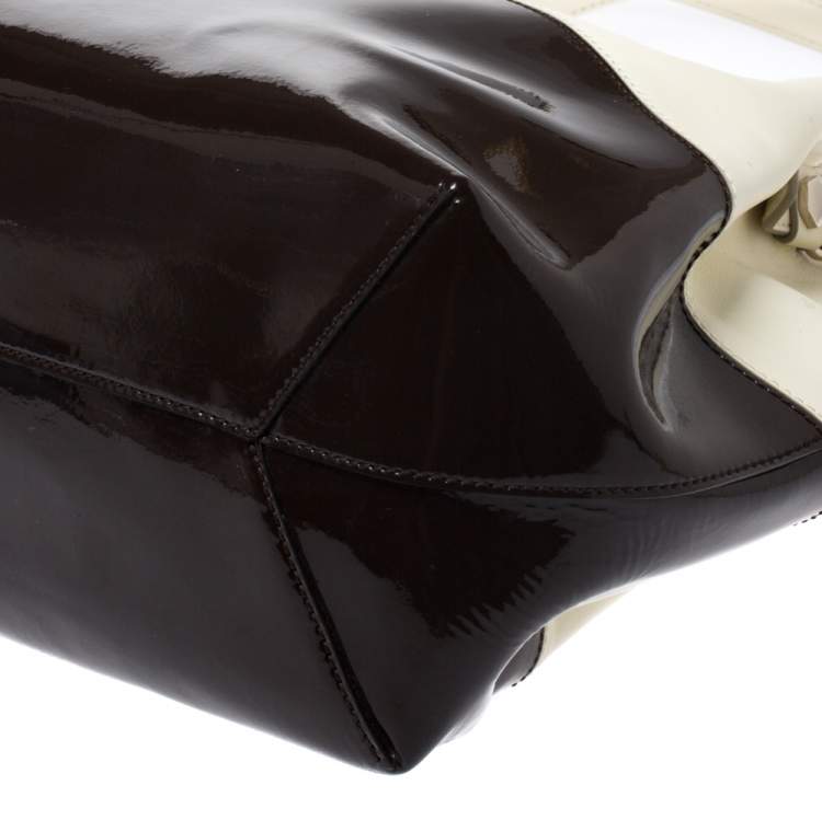 Pre Owned Tod's Cream/Brown Leather and Patent Leather Flower Tote