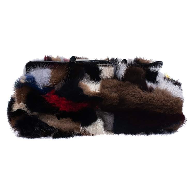 Pre Owned Tod's Multicolor Mink Fur and Leather Double T Flap Shoulder Bag