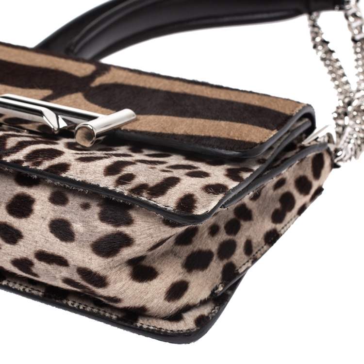 Pre Owned Tod's Brown/Beige Leopard Print Calf Hair Mini Double T Shoulder Bag           