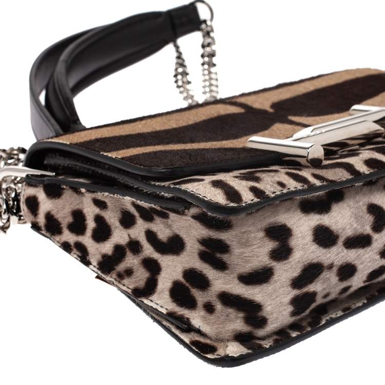 Pre Owned Tod's Brown/Beige Leopard Print Calf Hair Mini Double T Shoulder Bag           
