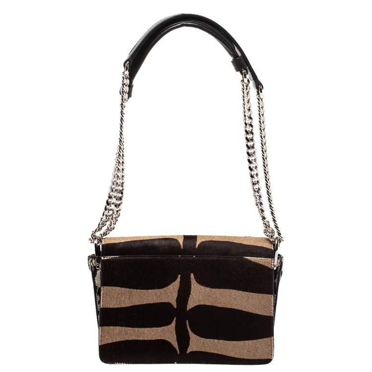 Pre Owned Tod's Brown/Beige Leopard Print Calf Hair Mini Double T Shoulder Bag           
