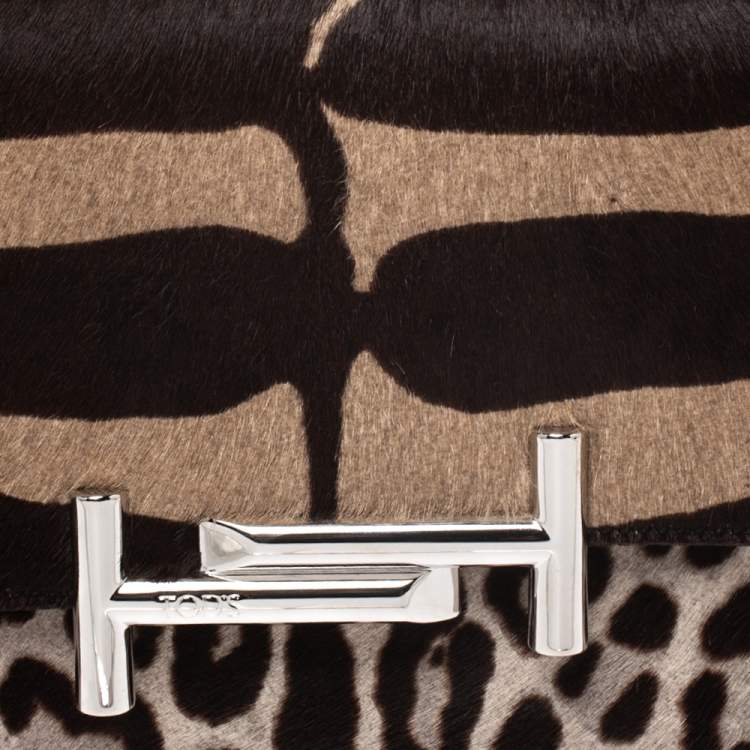 Pre Owned Tod's Brown/Beige Leopard Print Calf Hair Mini Double T Shoulder Bag           