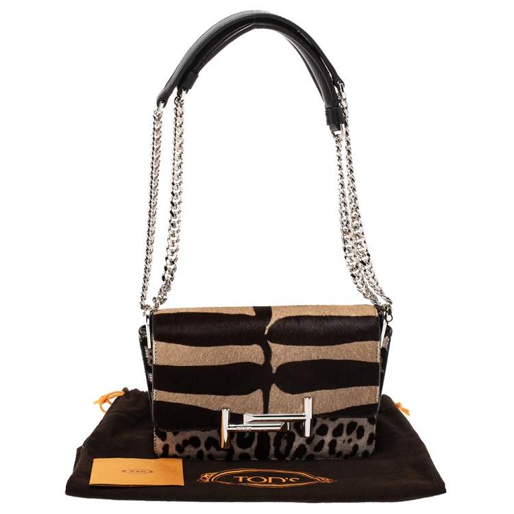Pre Owned Tod's Brown/Beige Leopard Print Calf Hair Mini Double T Shoulder Bag           