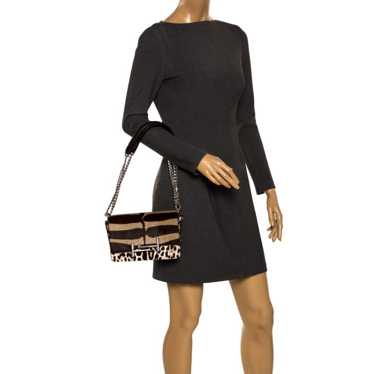 Pre Owned Tod's Brown/Beige Leopard Print Calf Hair Mini Double T Shoulder Bag           