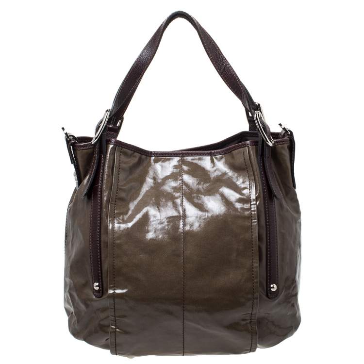 Pre Owned Tod's Olive Green/Brown Glazed Coated Canvas and Leather G-Line Easy Sacca Tote