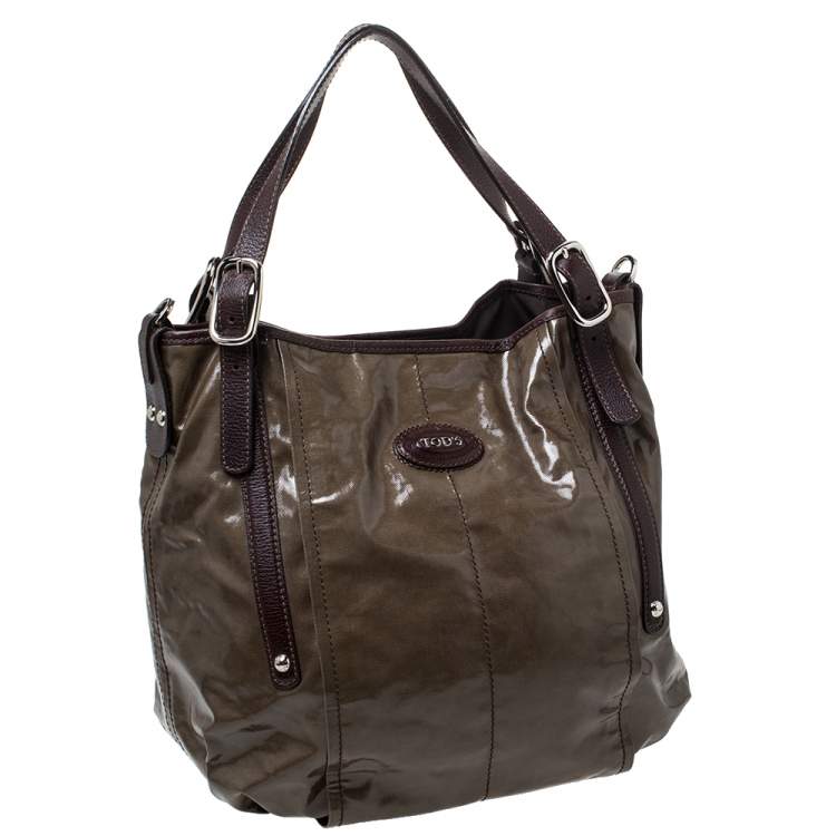 Pre Owned Tod's Olive Green/Brown Glazed Coated Canvas and Leather G-Line Easy Sacca Tote