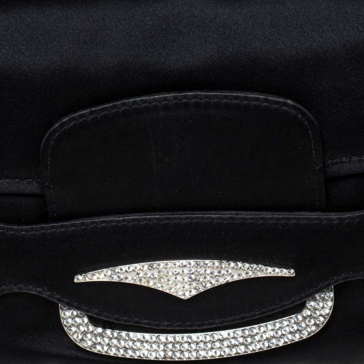Pre Owned Tod's Black Satin Crystal Embellished Flap Chain Clutch
