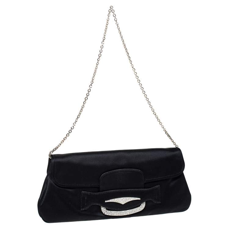 Pre Owned Tod's Black Satin Crystal Embellished Flap Chain Clutch