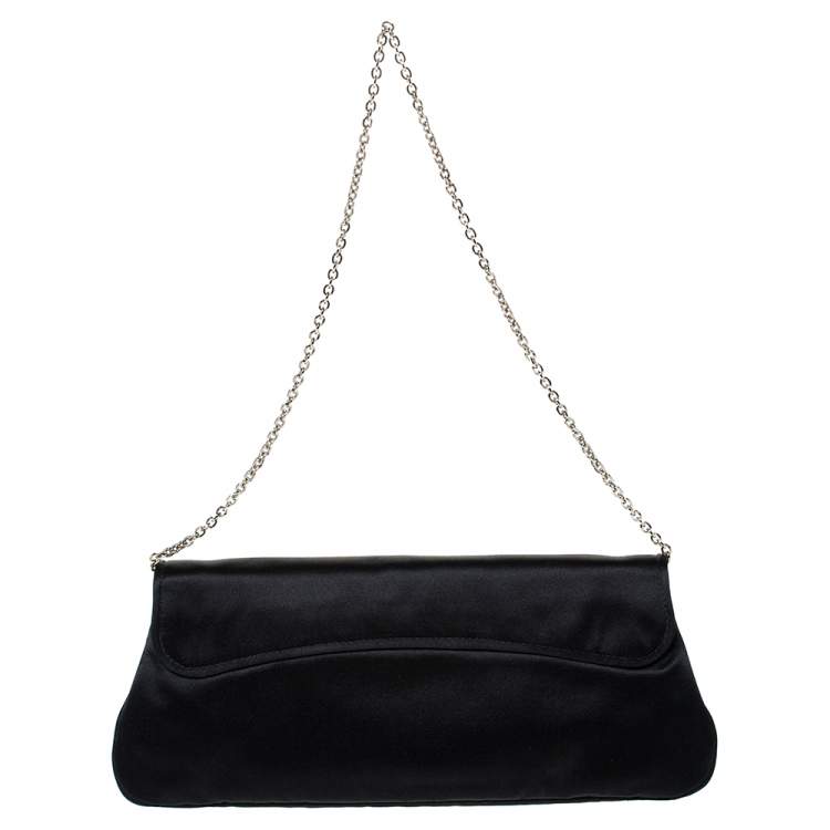 Pre Owned Tod's Black Satin Crystal Embellished Flap Chain Clutch