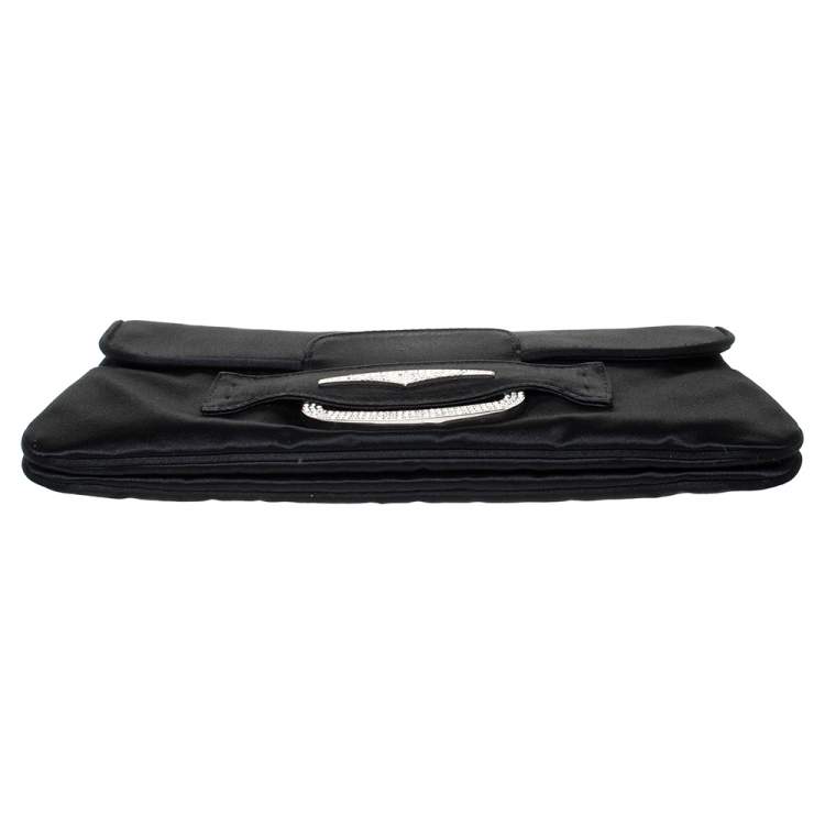 Pre Owned Tod's Black Satin Crystal Embellished Flap Chain Clutch