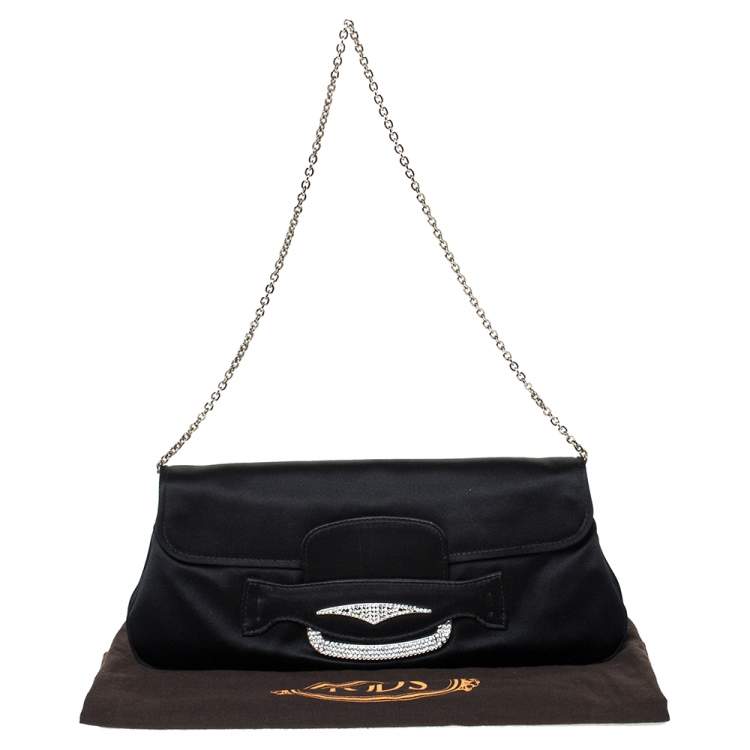 Pre Owned Tod's Black Satin Crystal Embellished Flap Chain Clutch